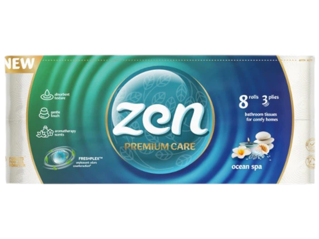 Папір туалетний Zen Premium Care Ocean SPA, 3 шари, 8 рулонів, 18,9 м, колір білий