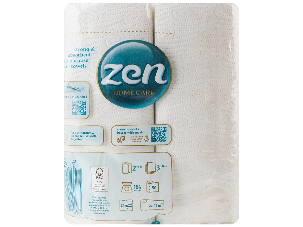 Полотенца бумажные Zen Home Care, 3-слойные, 50 отрывов, 2 рулона, 11м, 24,5×22см
