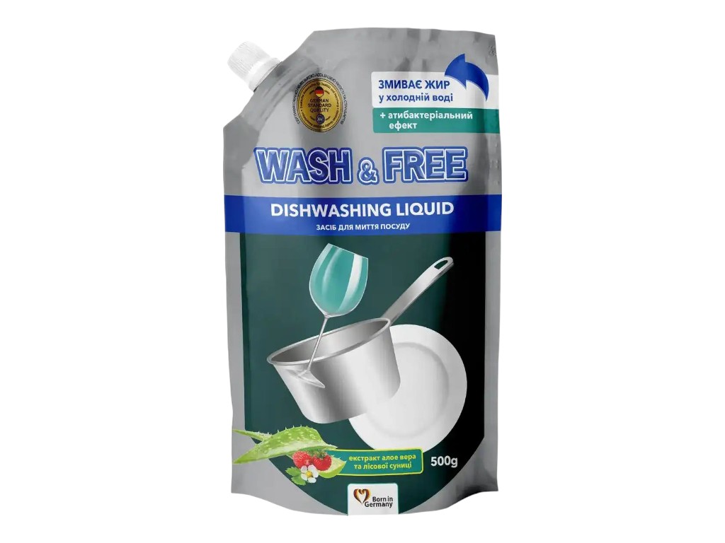 Засіб для миття посуду Wash&free, 500 мл, екстракт алое віра та лісова суниця, гель