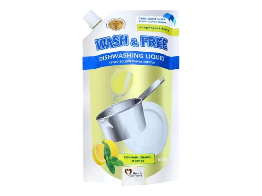 Засіб для миття посуду Wash&free, 500 мл, лимон та м'ята, doy-pack