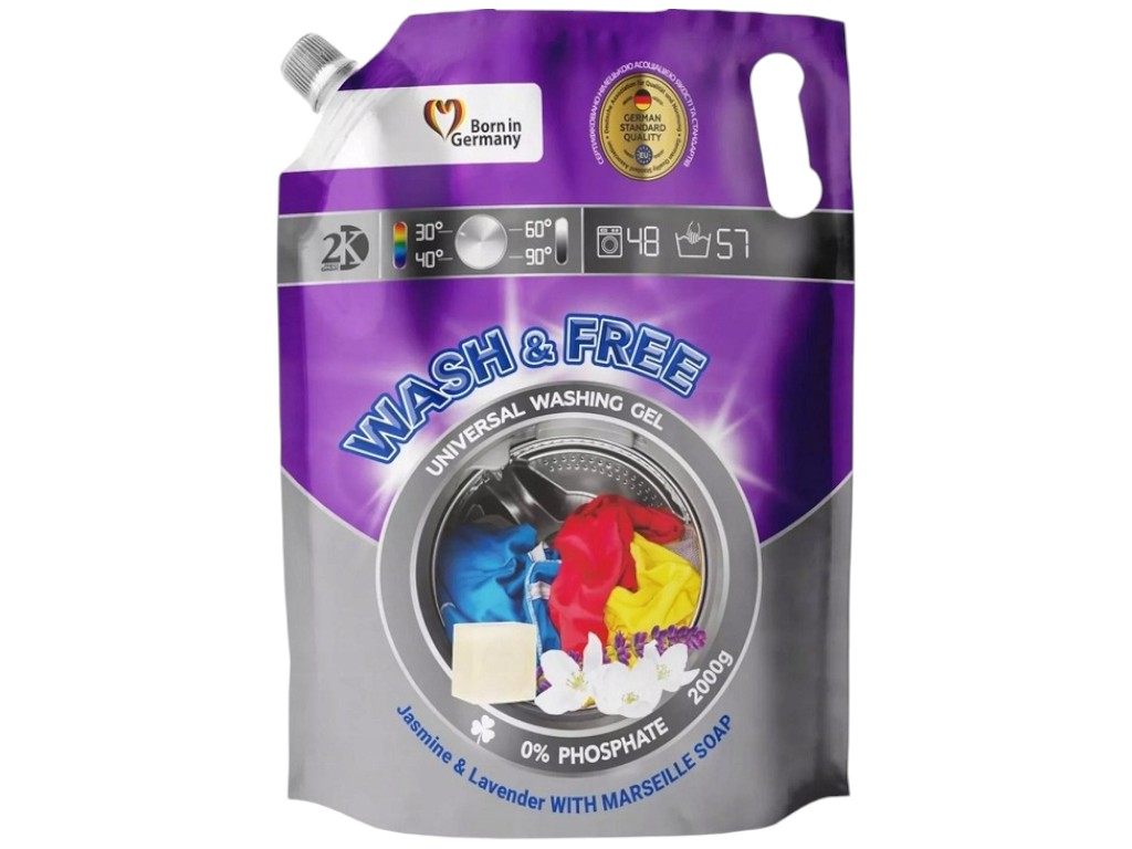 Гель для стирки Wash&Free, универсальный, жасмин,лаванда с марсельским мылом, 48 циклов, 2кг, дойпак