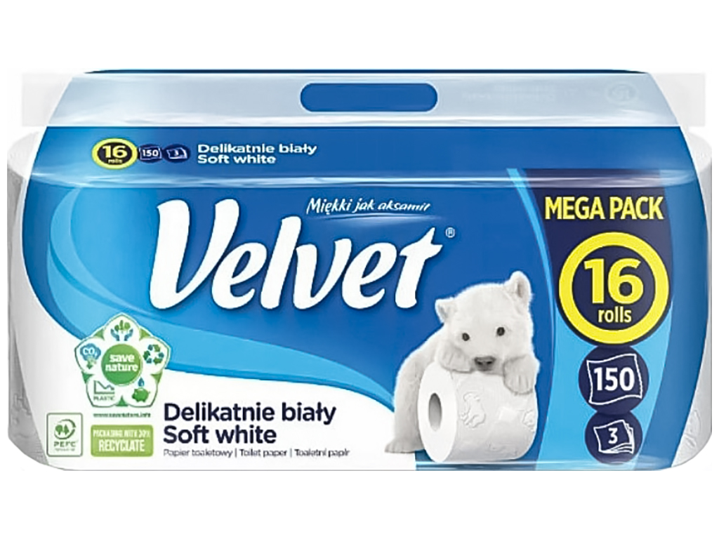 Туалетная бумага Velvet Soft White, 3-х слойная, 150 отрывов (цена за упаковку 16шт)