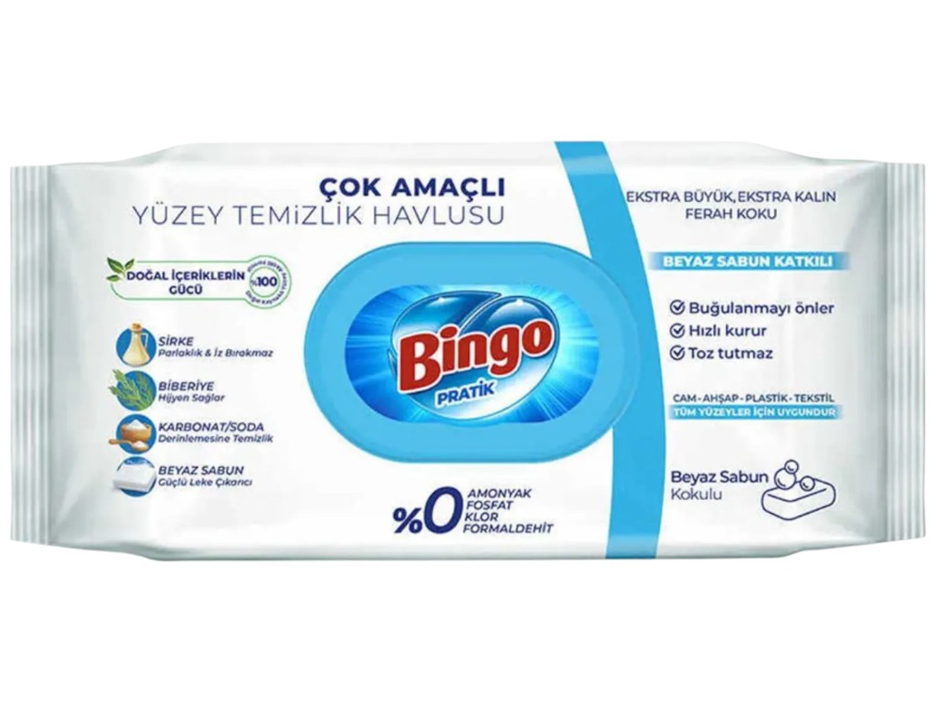 Салфетки влажные Bingo Pratik, универсальные, с белым мылом, уксусом, содой и розмарином, 96шт