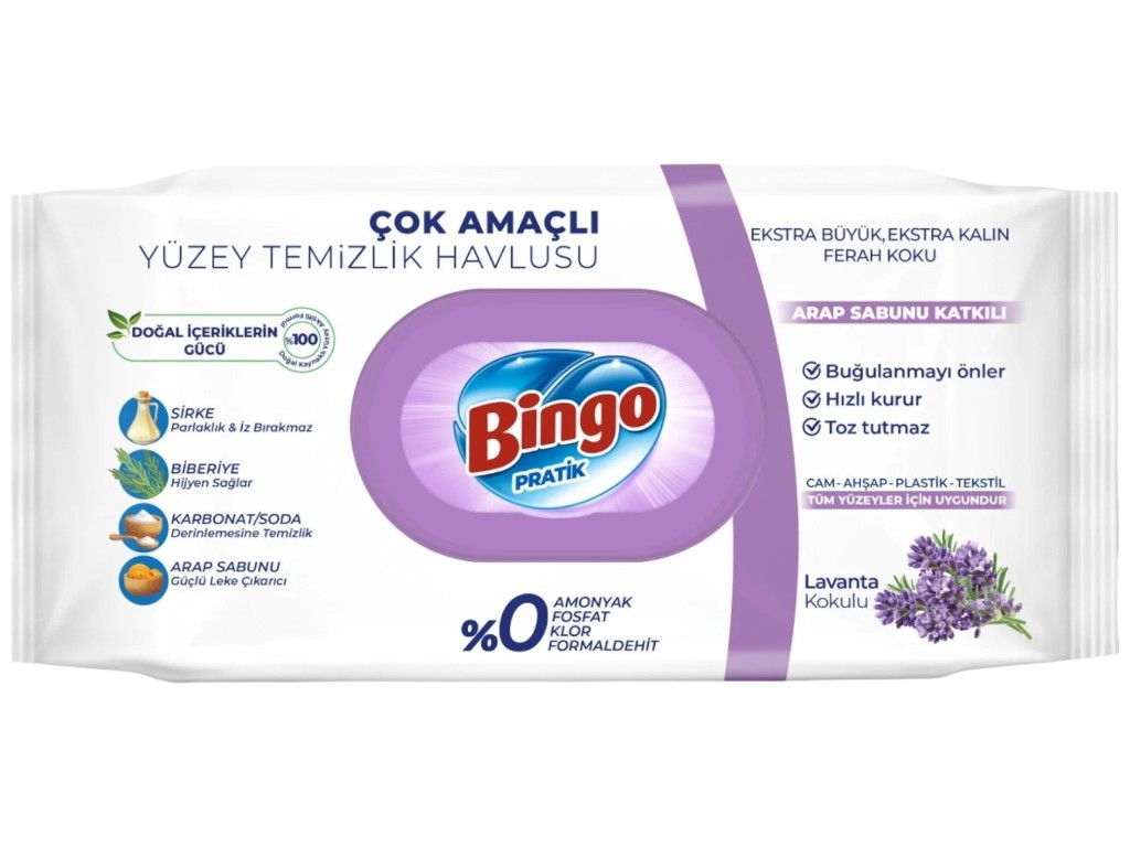 Салфетки влажные Bingo Pratik, универсальные, с лавандой, уксусом, содой, розмарином, 96шт