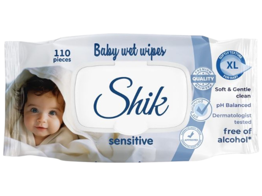Салфетки влажные детские Shik Sensitive, 0+, без спирта, парабенов, с витамином E, с клапаном, 110шт