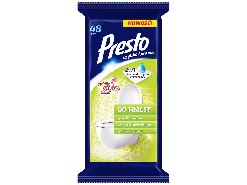 Салфетки влажные Presto 2в1, для туалета, 3,3×9,5×18,2см, 48шт