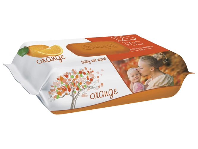 Салфетки влажные детские Sleepy Orange, без спирта, аромат апельсин, с клапаном, 120шт