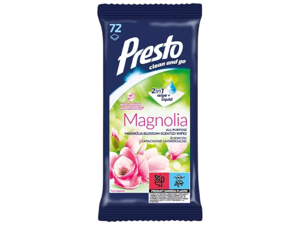 Салфетки влажные для уборки Presto Magnolia, универсальные, аромат магнолия, 72шт