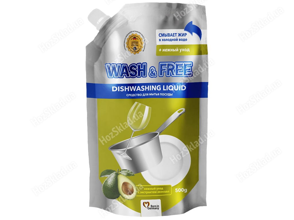 Засіб для миття посуду Wash&Free Ніжний догляд з екстрактом авокадо, дойпак 500г