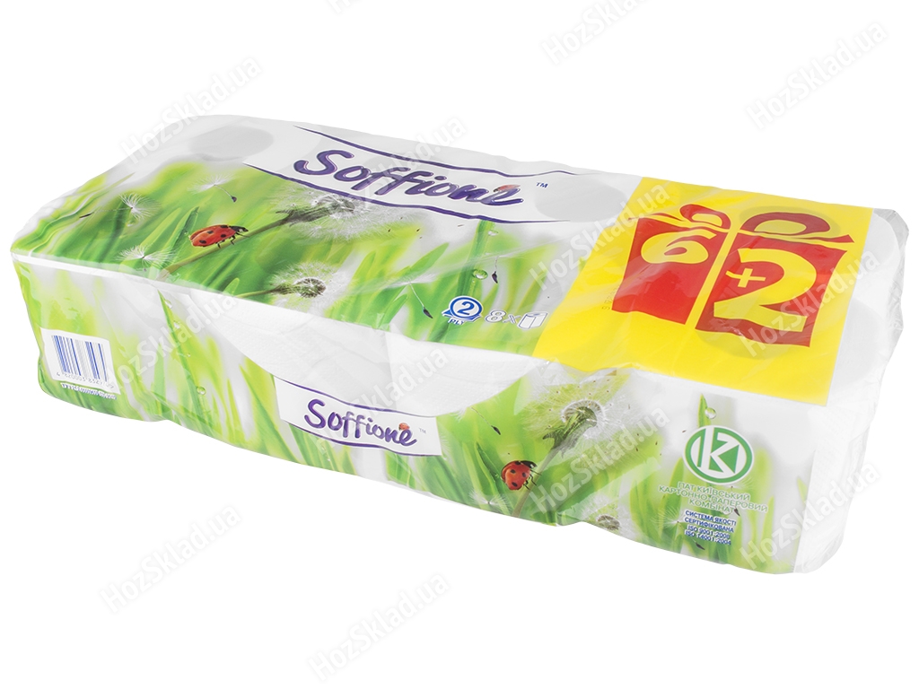 Бумага туалетная Soffione белая, двухслойная на гильзе, целлюлоза (цена за упаковку 6+2 рулонов)