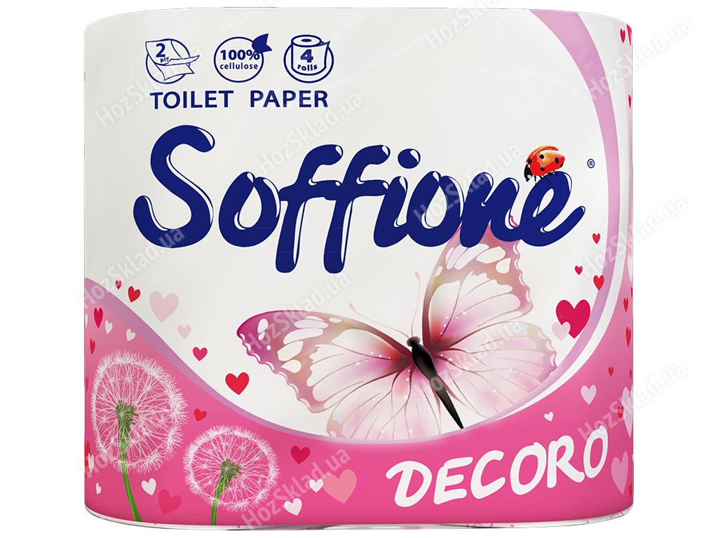 Туалетний папір Soffione Decoro, 2х шаровий, 4 рулони, біло-рожевий