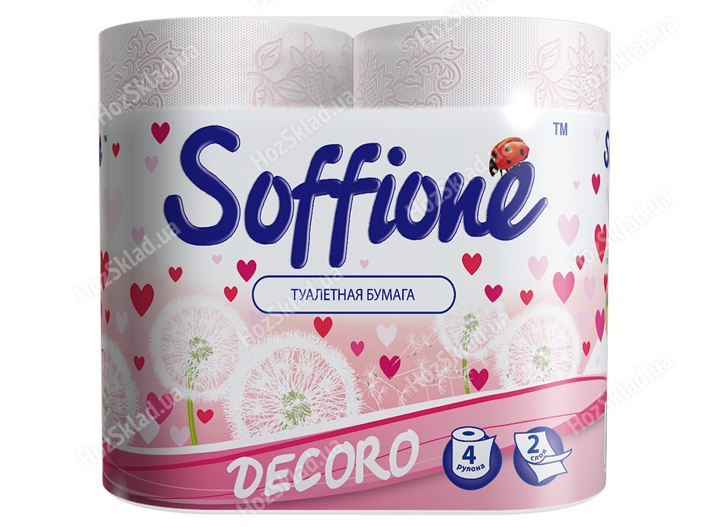 Бумага туалетная Soffione Decoro бело-розовая двухслойная (цена за упаковку 4 рулона)