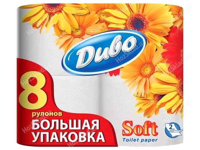 Бумага туалетная Диво Soft двухслойная, белая, целлюлозная, на гильзе (цена за 8 рулонов)
