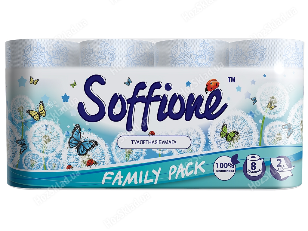Бумага туалетная Soffione Decoro бело-синяя двухслойная (цена за упаковку 8 рулонов)