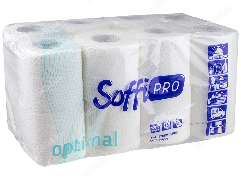 Бумага туалетная SoffiPRO Optimal двухслойная, белая, целлюлоза (цена за упаковку 16 рулонов)