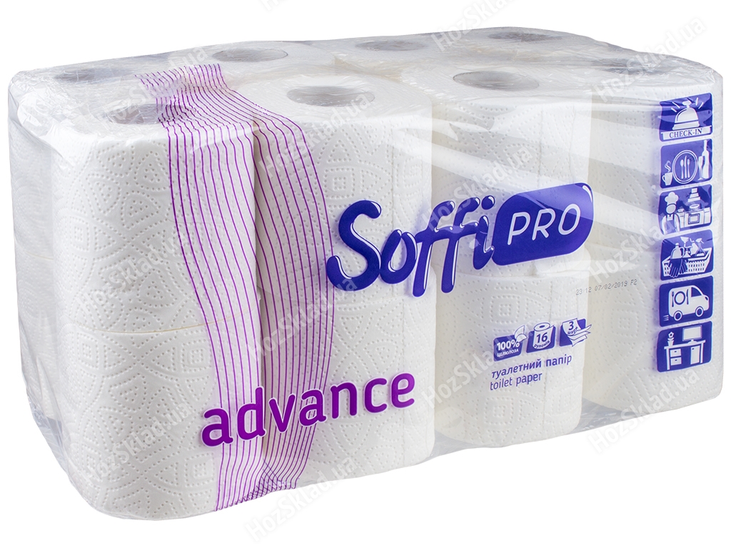 Папір туалетний SoffiPRO Advance тришаровий, білий, целюлоза (ціна за упаковку 16 рулонів)