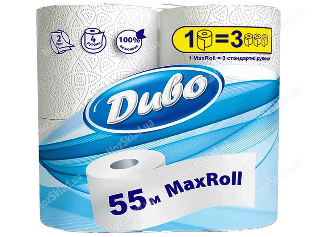 Бумага туалетная ДИВО MaxRoll 55м, двухслойная, белая целлюлоза, с тиснением (цена за уп. 4 рулонов)