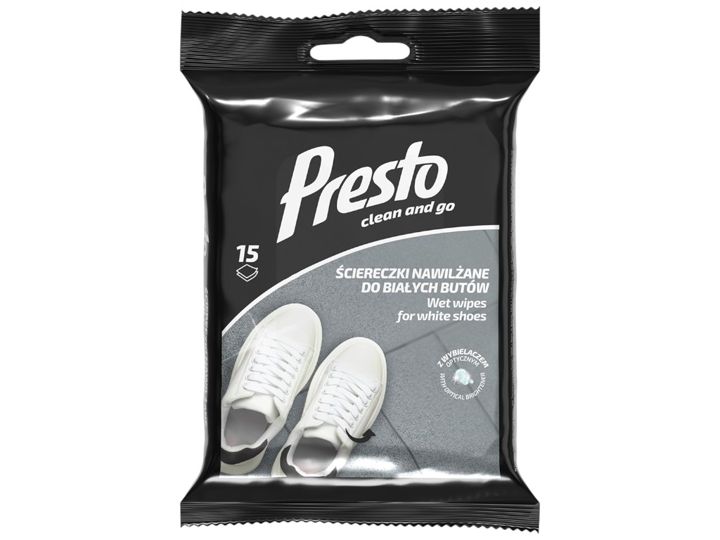 Серветки вологі Presto Clean, для чищення білого взуття, з оптичним відбілювачем, з клапаном, 15шт