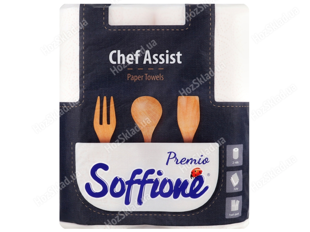 Полотенца бумажные Soffione Premio Chef Assist трехслойные, белые (цена за 2 рулона)