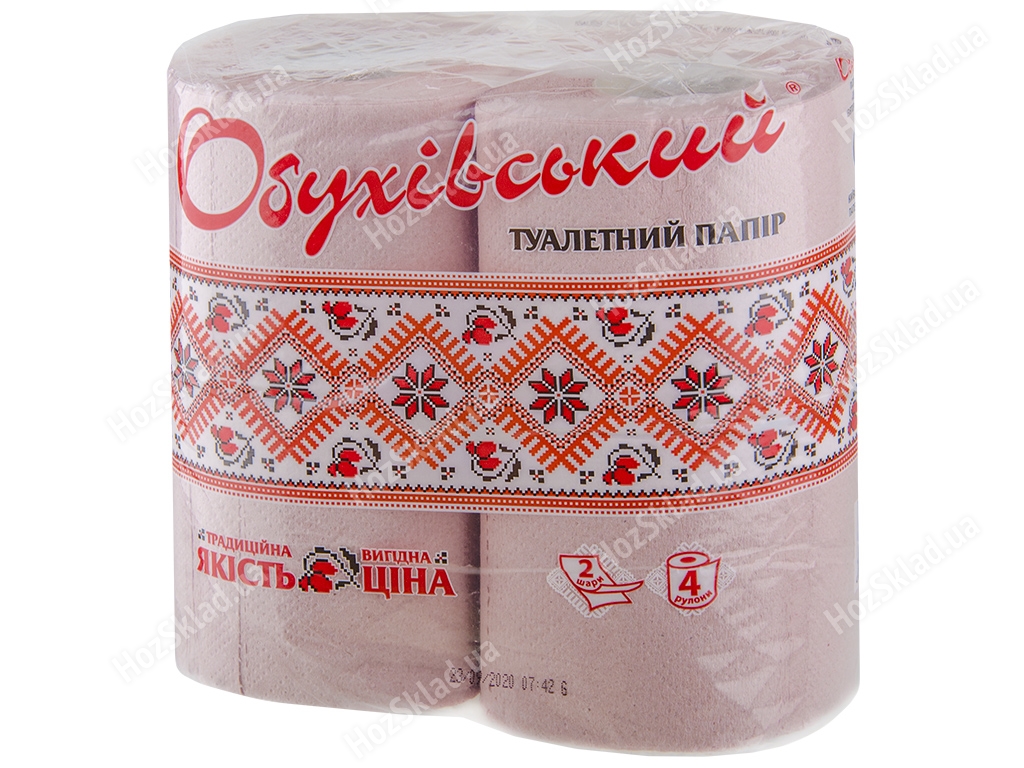 Туалетний папір Обухівський рожева двошаровий на гільзі 100% вторинне волокно 4шт