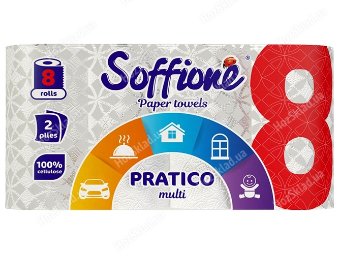 Полотенца бумажные Soffione Pratico multi двухслойные, на гильзе (цена за 8 рулонов)