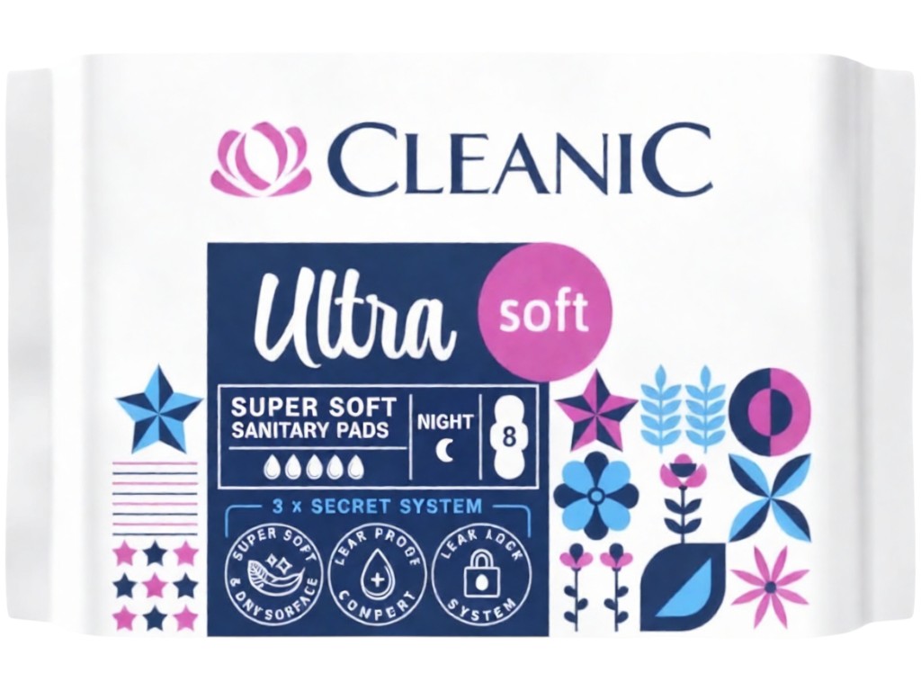 Прокладки гігієнічні Cleanic Soft Ultra, нічні, з крильцями, 4 краплі, 8шт