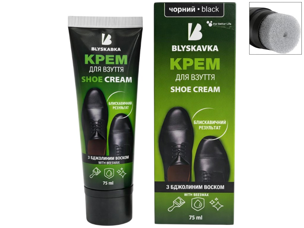 Крем Blyskavka, для взуття, з бджолиним воском та аплікатором, 75мл, колір чорний