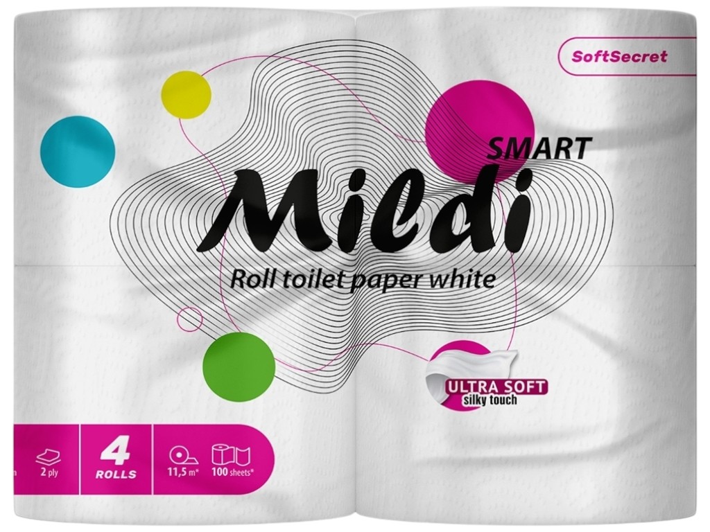 Папір туалетний целюлозний Mildi Smart, 2 шари, 100 листів, колір білий (ціна за набір 4шт)