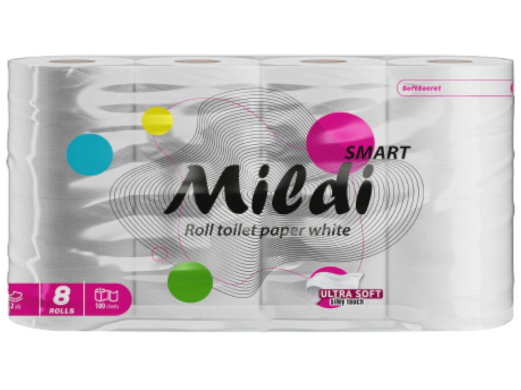 Бумага туалетная целлюлозная Mildi Smart, 2 слоя, 110 листов, цвет белый (цена за набор 8шт)