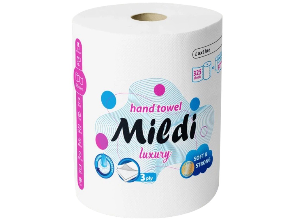 Рушник паперовий Mildi Luxury, 3 шари, 200 аркушів, 28 метрів, колір білий