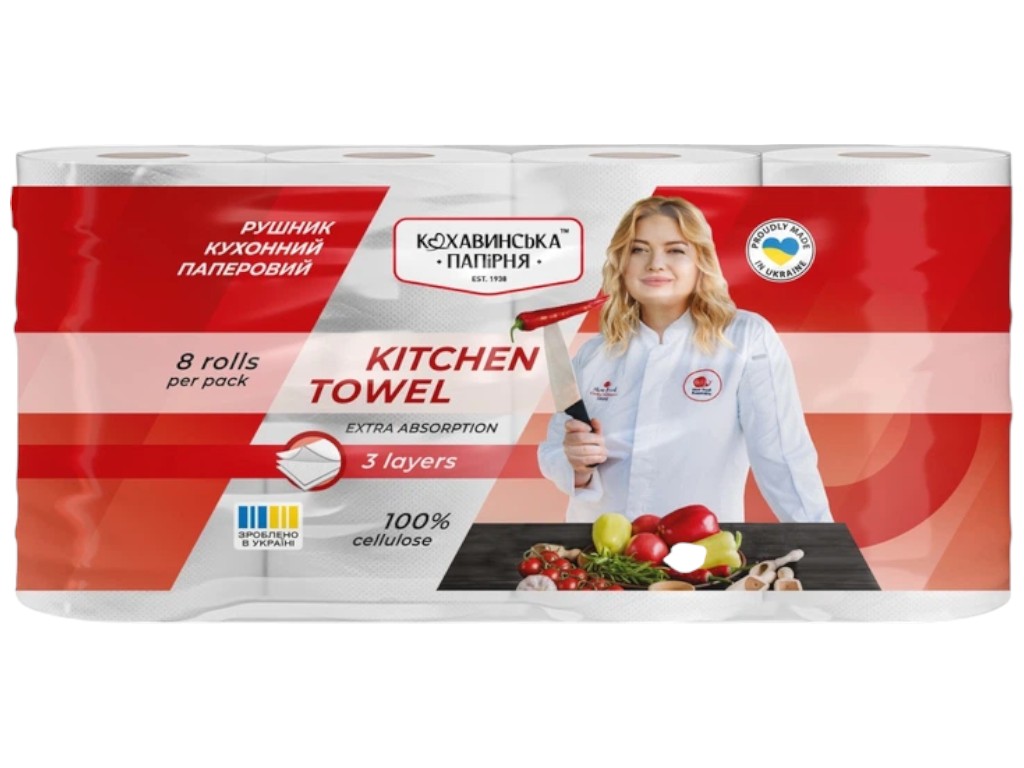 Рушник паперовий Кохавінська Папірня Extra Absorption, 3 шари, 100 аркушів (ціна за набір 8шт)