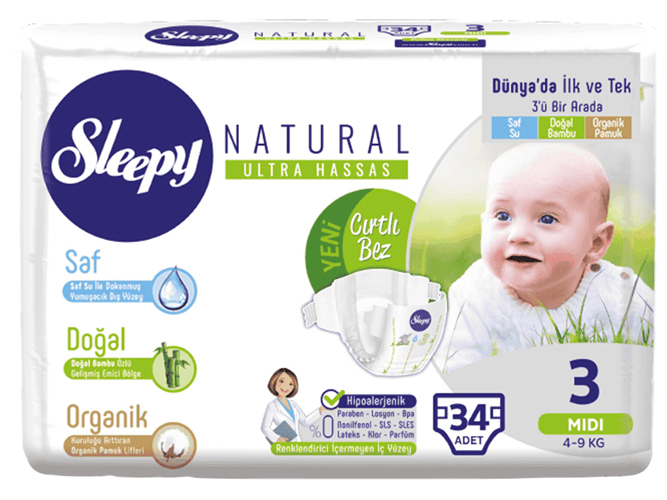 Подгузники Sleepy Natural Diaper Midi, размер 3 (4 - 9кг) 34шт