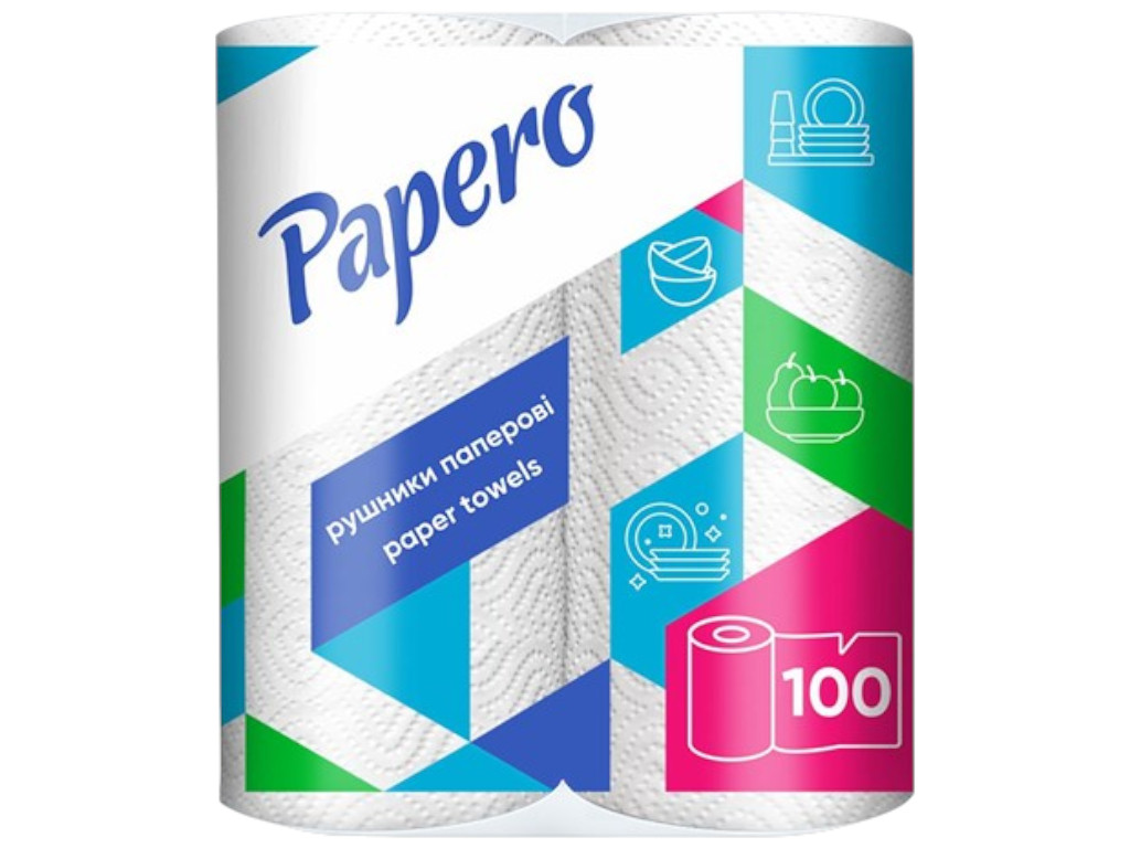 Полотенце бумажное Papero, двухслойное, 2 рулона, 100 листов, 225×125мм, цвет белый