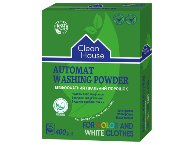 Порошок для стирки бесфосфатный автомат Clean House для цветных и белых тканей 400г