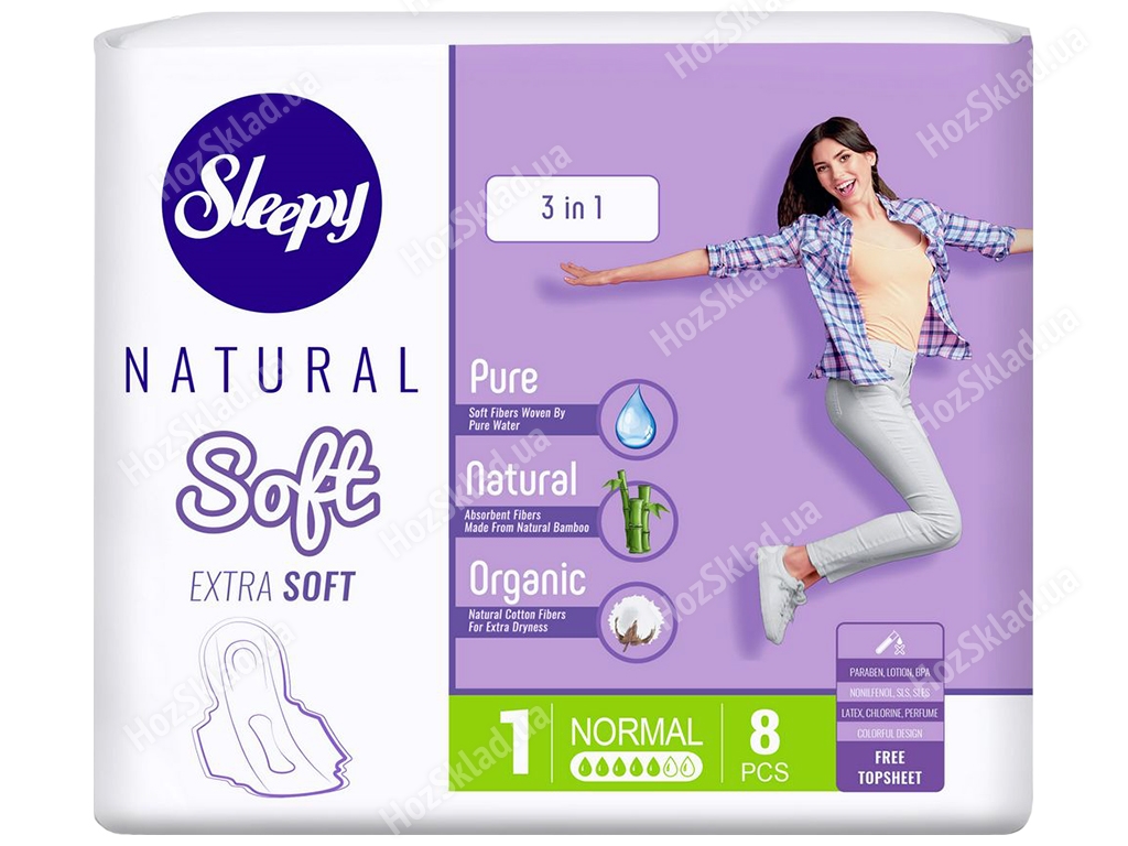 Прокладки гигиенические ультратонкие Sleepy Natural Extra soft normal 5капель 8шт