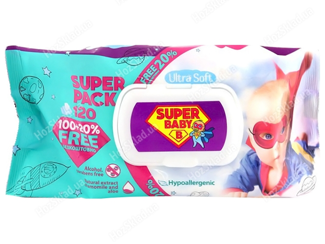 Влажные салфетки детские Super Baby SuperPack ромашка и алоэ 120шт с клапаном