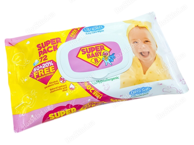 Влажные салфетки детские Super Baby SuperPack ромашка и алоэ 72шт с клапаном