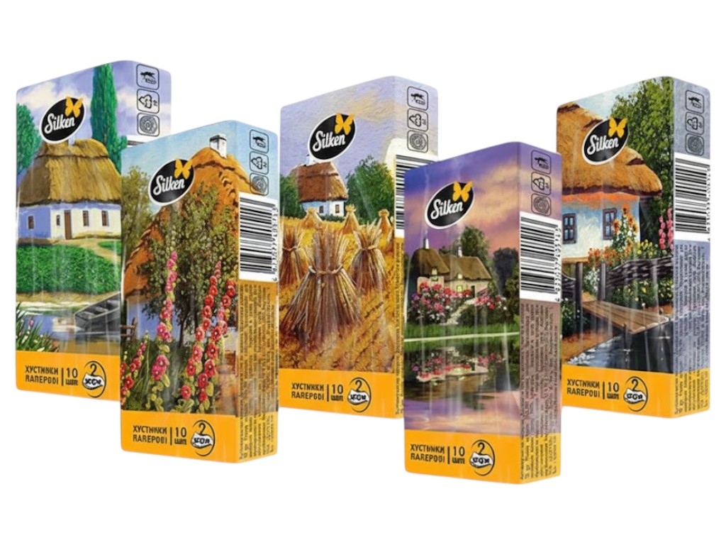 Носові хустки Silken, 2 шари, дизайн Українське село, без аромату, 10шт