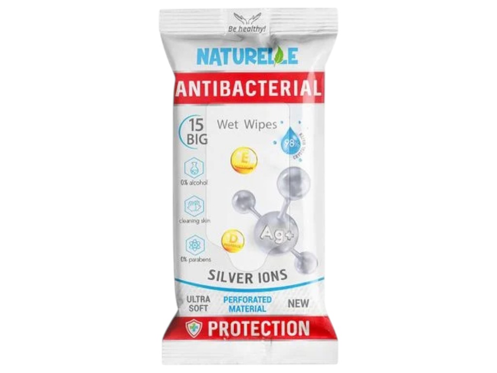 Серветки вологі Naturelle Antibacterial з D-пантенолом, іонами срібла та вітаміном Е, 15шт