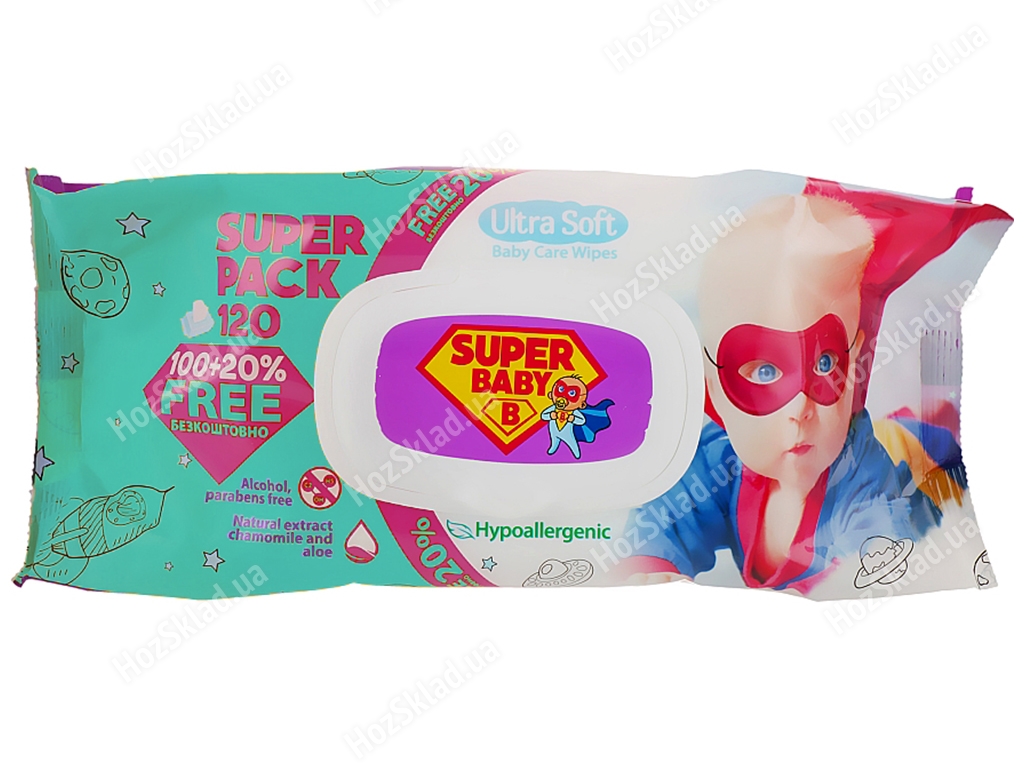Влажные салфетки детские Super Baby SuperPack Sensetive с ромашкой и алоэ 120шт с клапаном