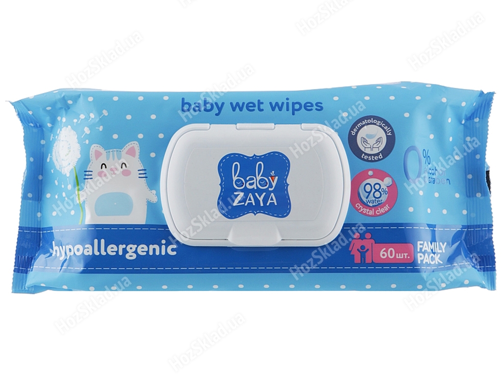 Влажные салфетки детские Baby Zaya гипоаллергенные 60шт с клапаном