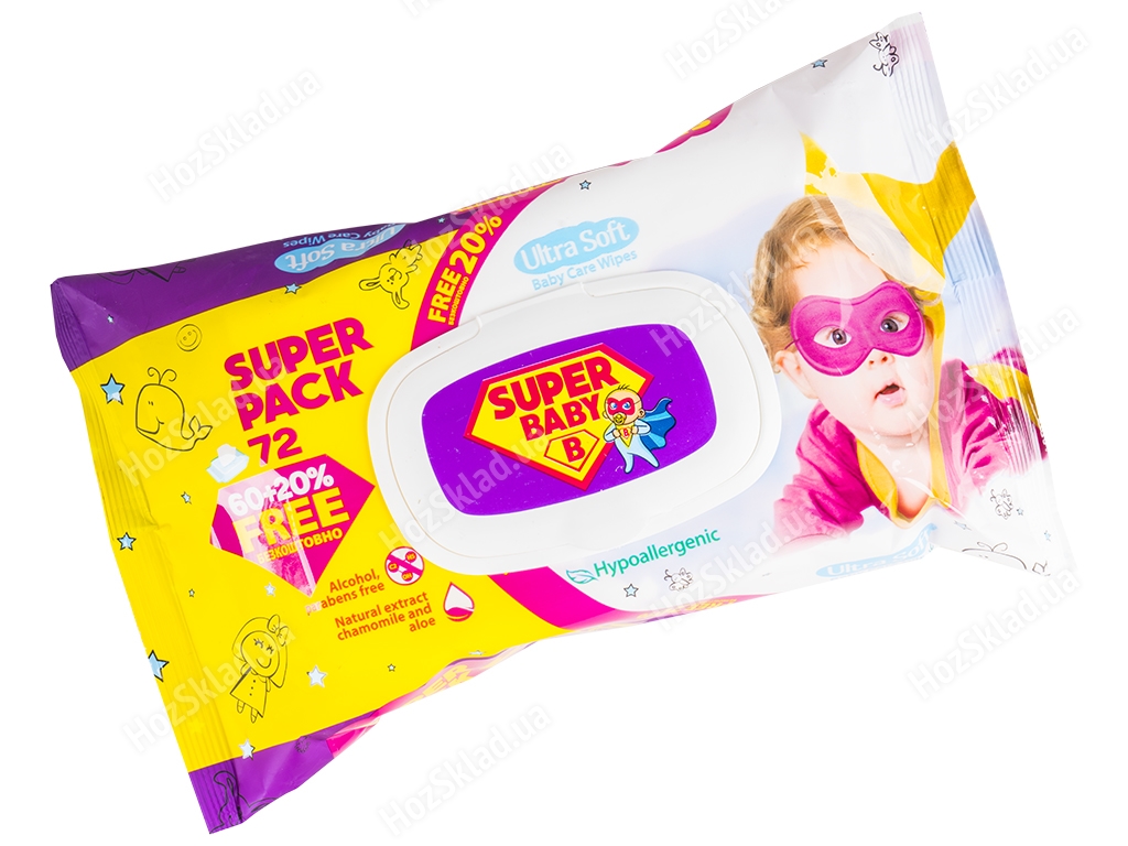 Влажные салфетки детские Super Baby SuperPack sensetive ромашка и алоэ 72шт