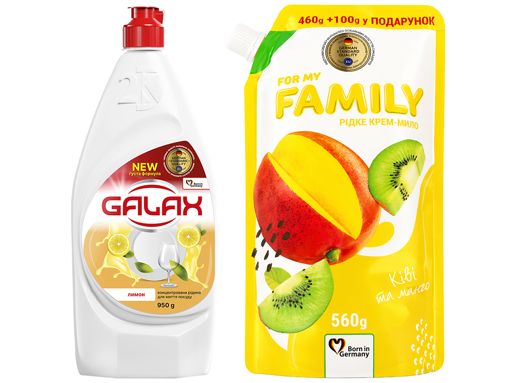 Набір засобів Family та Galax для кухні та гігієни, рідина + крем-мило, 950г + 560мл
