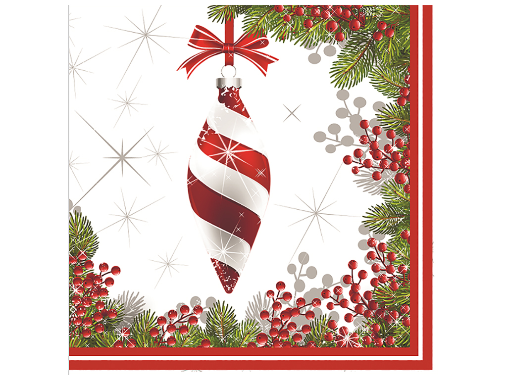 Салфетки бумажные новогодние Silken Елочная ветка с игрушкой, 33х33см, 3слоя, 18шт