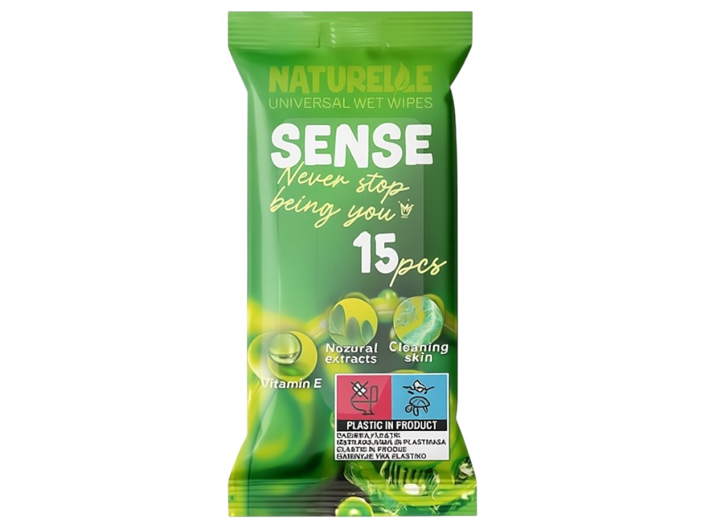 Серветки вологі для шкіри рук та тіла Naturelle Sense, без спирту, 40г, 38×60×150мм, 15шт
