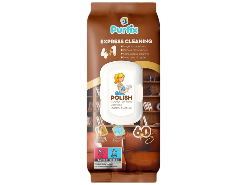 Серветки вологі Purfix для догляду за дерев'яними поверхнями та шкіряними меблями, з клапаном, 60шт