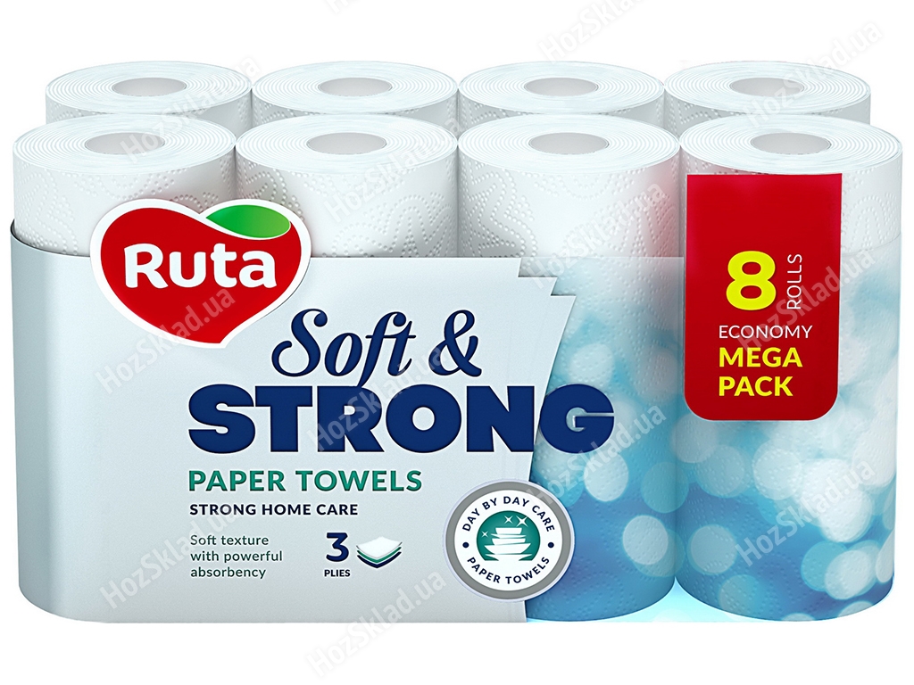 Рушники паперові Ruta Soft & Strong білі тришарові, целюлозні (ціна за упаковку 8 рулонів)