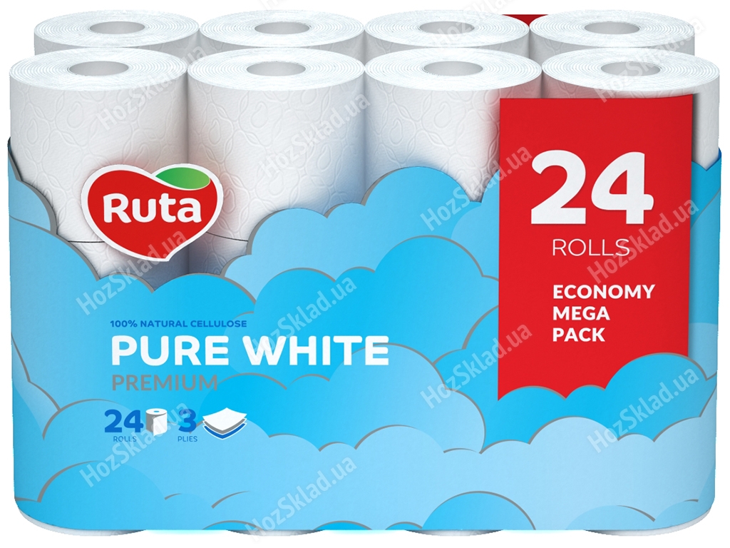 Бумага туалетная Ruta Pure White белая трехслойная (цена за упаковку 24 рулона)