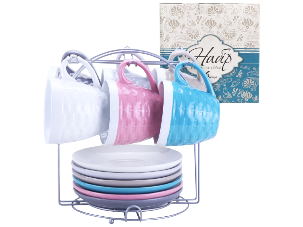 Набор чашек с блюдцем на подставке Estet2, 250мл (цена за набор 12 предметов)