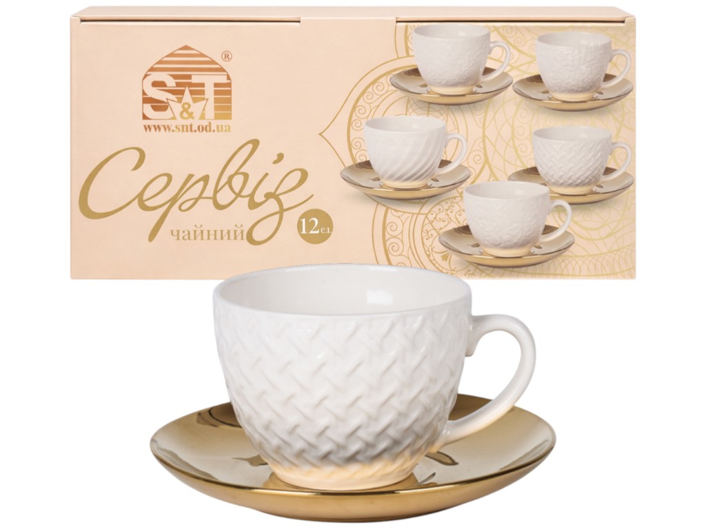 Сервиз чайный Golden Anfen, фарфор, 250мл, 15см, цвет белый с золотым (цена за 12 предметов)